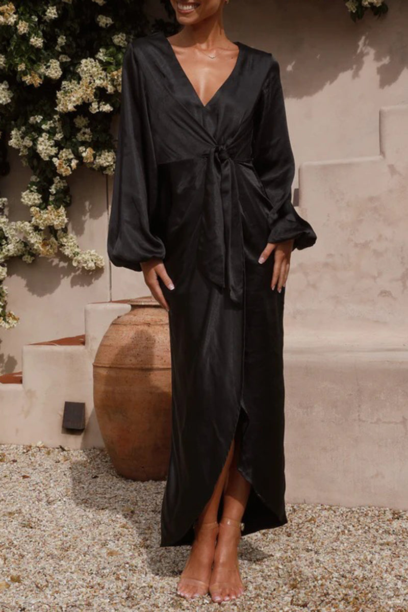 Nova - Élégante robe à manches longues avec décolleté en V et taille nouée
