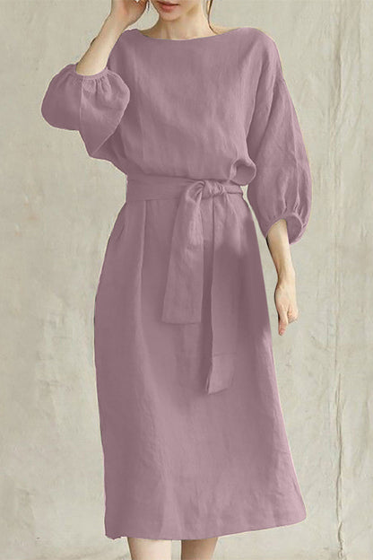 Liyana - Robe midi casual à manches mi-longues avec taille nouée