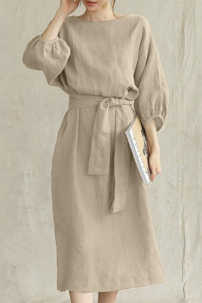 Liyana - Robe midi casual à manches mi-longues avec taille nouée