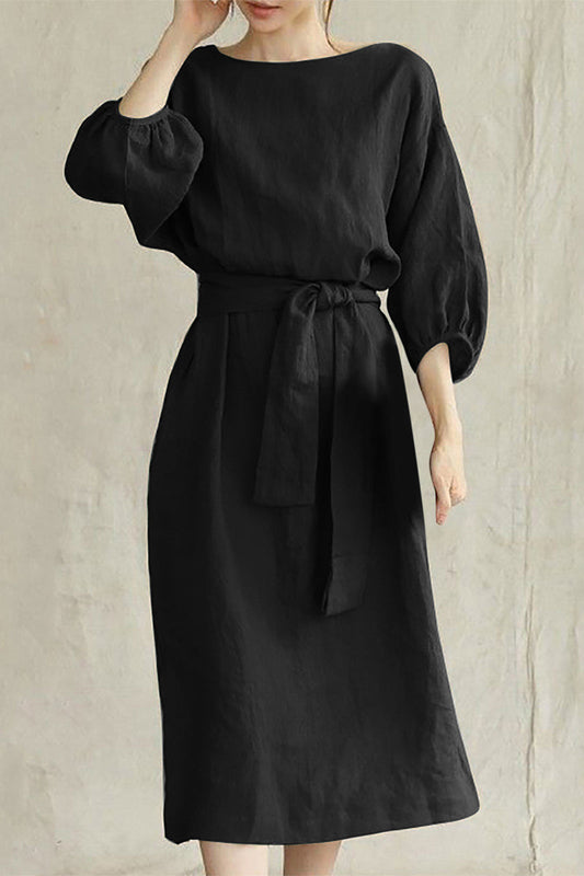 Liyana - Robe midi casual à manches mi-longues avec taille nouée