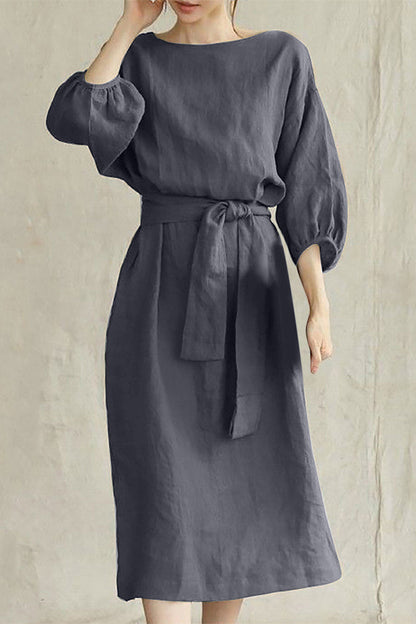 Liyana - Robe midi casual à manches mi-longues avec taille nouée