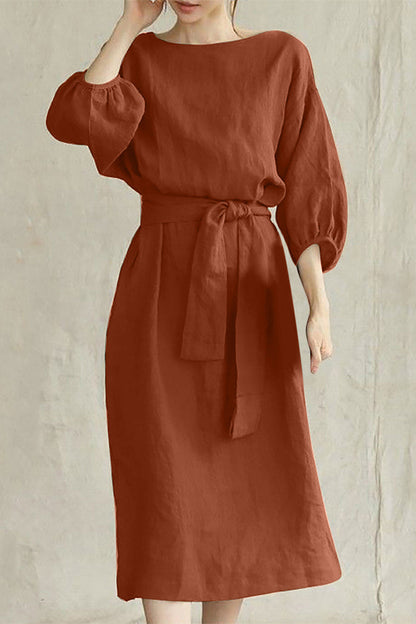 Liyana - Robe midi casual à manches mi-longues avec taille nouée