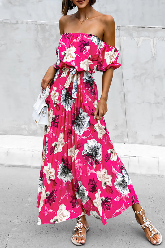 Avalon - Élégante robe florale à épaules dénudées et taille ceinturée