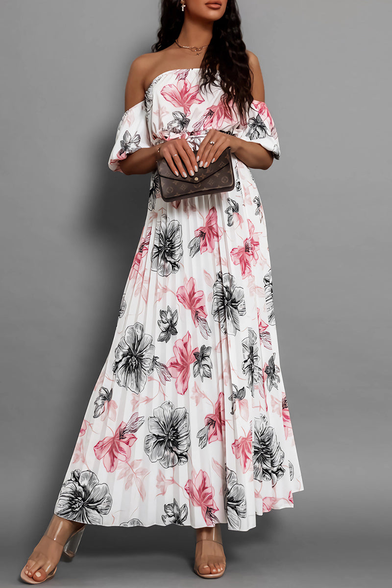 Avalon - Élégante robe florale à épaules dénudées et taille ceinturée