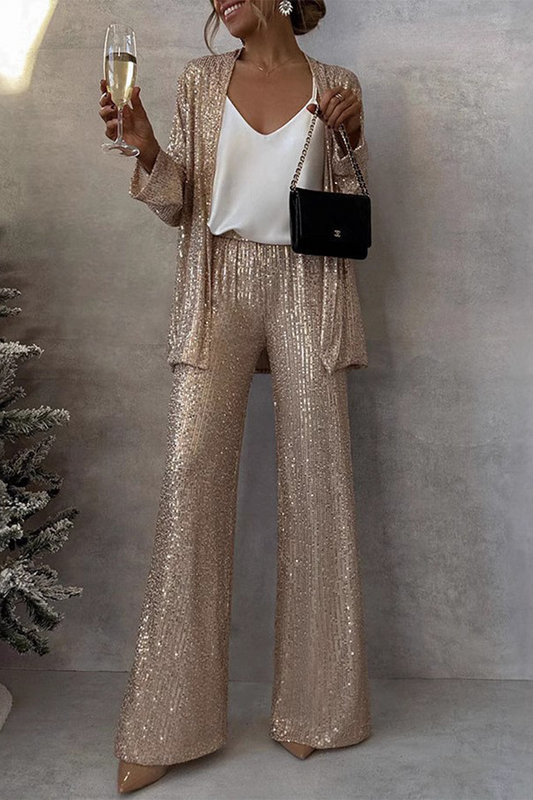 Kiara - Ensemble élégant veste ouverte à paillettes et pantalon large