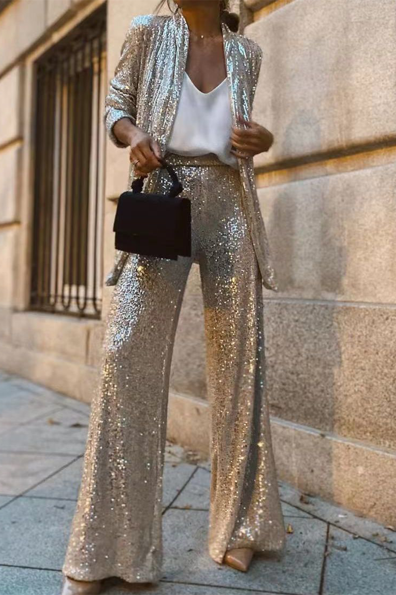 Kiara - Ensemble élégant veste ouverte à paillettes et pantalon large