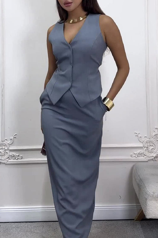 Naomi - Ensemble élégant débardeur à boutons et jupe longue