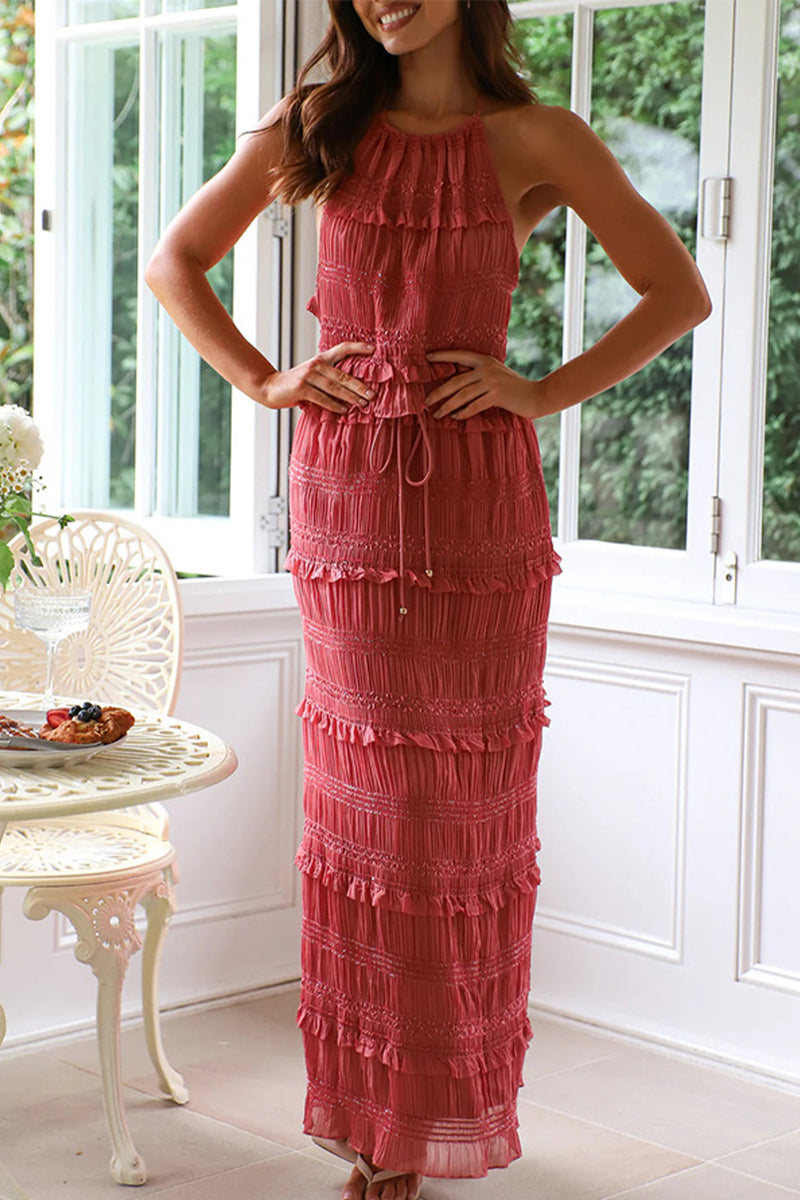 Leigh - Élégant ensemble top sans manches et jupe longue en dentelle avec dos nu