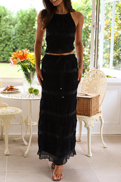 Leigh - Élégant ensemble top sans manches et jupe longue en dentelle avec dos nu