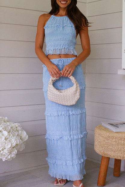 Leigh - Élégant ensemble top sans manches et jupe longue en dentelle avec dos nu