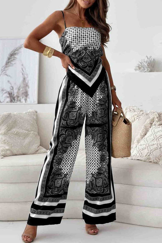Fatima - Ensemble décontracté avec top sans manches dos nu et pantalon à imprimé géométrique
