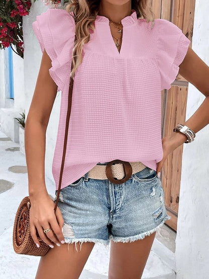 Keana - Blouse à carreaux chic à manches courtes volantées