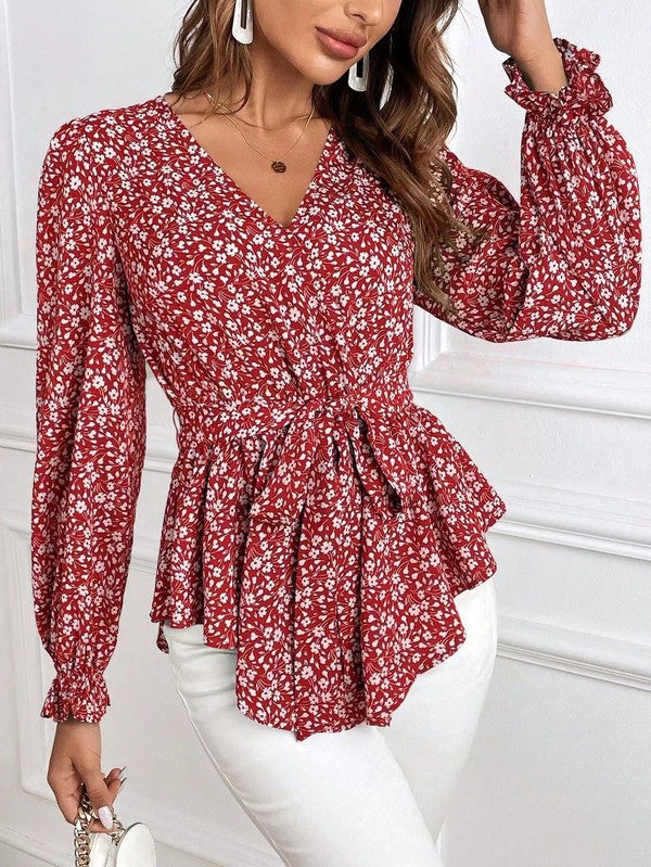 Corinne - Blouse élégante à manches longues, imprimé fleuri et col en V