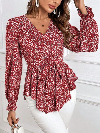 Corinne - Blouse élégante à manches longues, imprimé fleuri et col en V