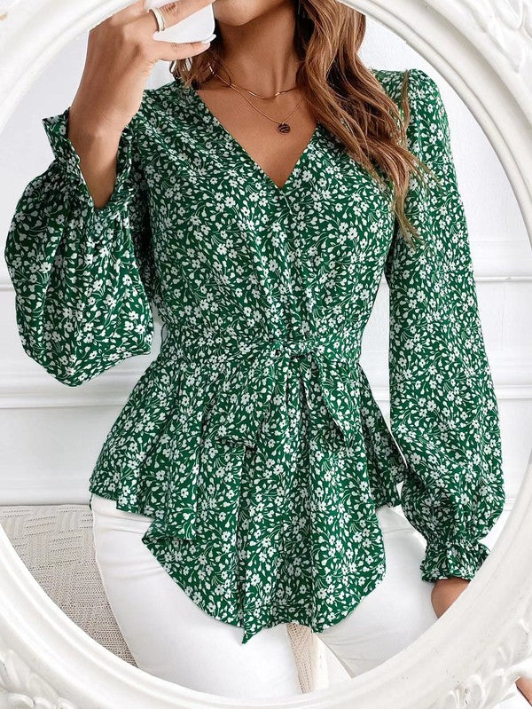 Corinne - Blouse élégante à manches longues, imprimé fleuri et col en V