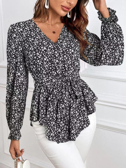 Corinne - Blouse élégante à manches longues, imprimé fleuri et col en V