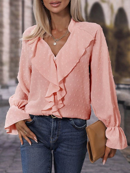 Anika - Blouse élégante à manches longues, col en V et volants à pois suisses