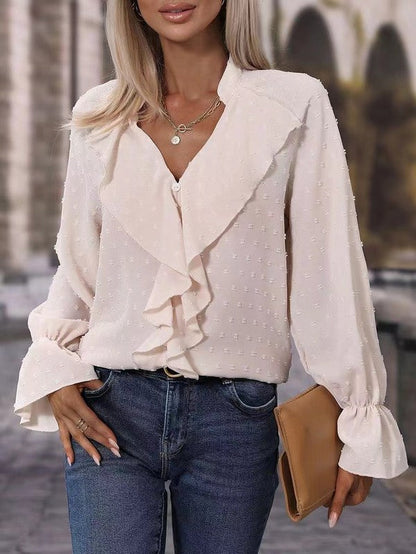 Anika - Blouse élégante à manches longues, col en V et volants à pois suisses