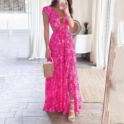 Aira - Robe longue d’été à col en V profond et fente florale