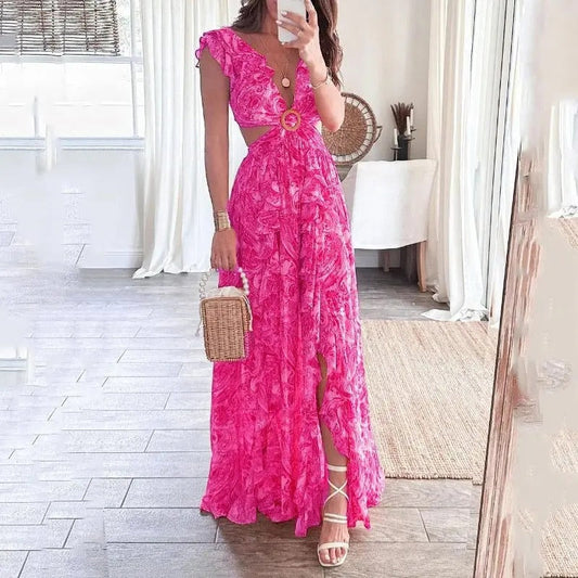 Aira - Robe longue d’été à col en V profond et fente florale