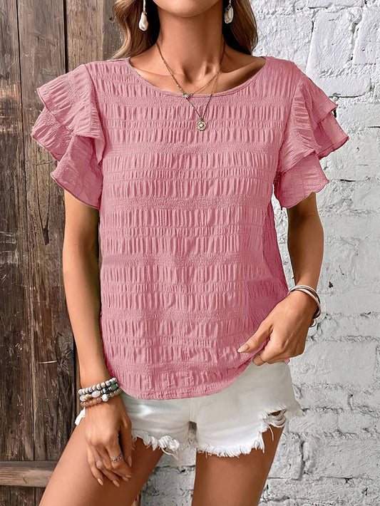 Catty - Élégante blouse à manches courtes avec volants superposés et bords texturés