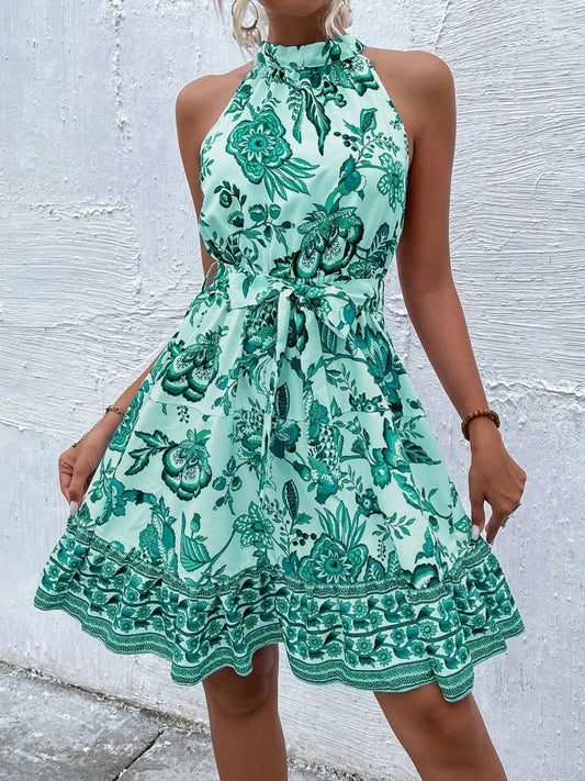 Billie - Robe fleurie sans manches à col halter et ceinture à nouer
