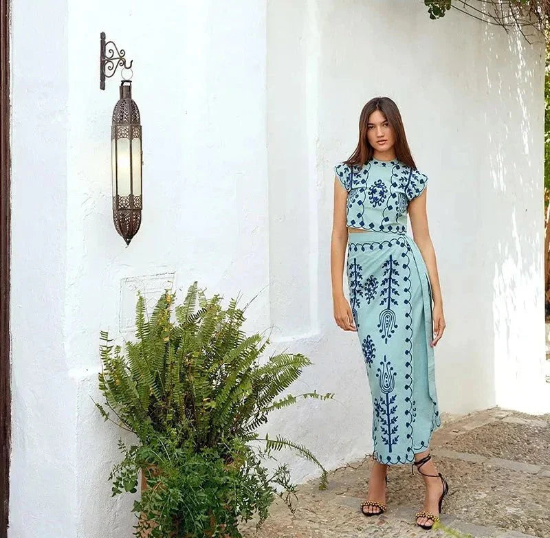 Catalina - Top à manches courtes avec ceinture taille haute Ensemble jupe longue
