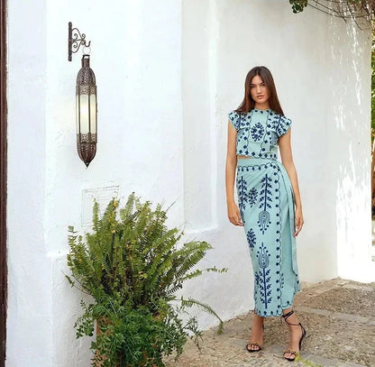 Catalina - Top à manches courtes avec ceinture taille haute Ensemble jupe longue