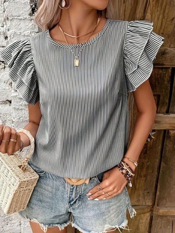 Roselyn - Élégante blouse rayée à col rond et manches volantées