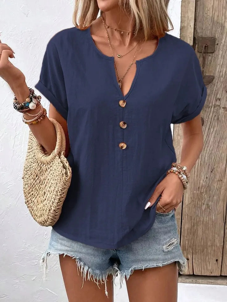 Vexana - Blouse casual à manches courtes avec col fendu et boutons