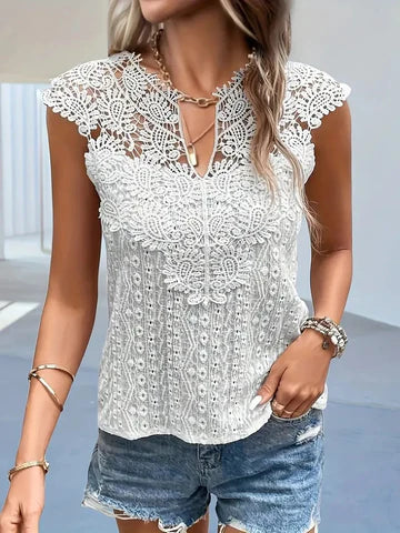 Katie - Top élégant en dentelle avec col en V et manches courtes