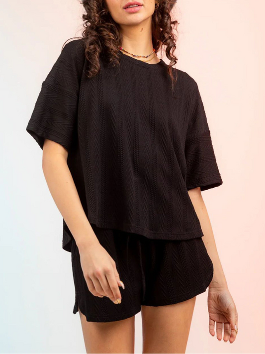 Kristy - Ensemble casual top à col rond texturé et short