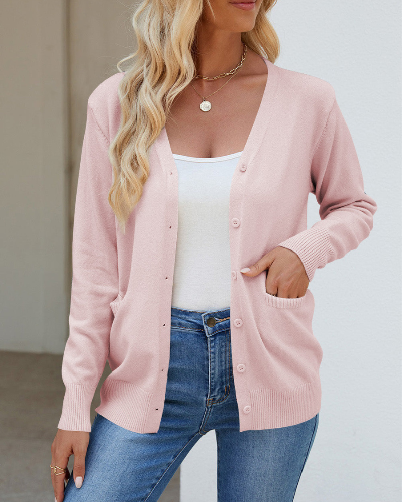 Bessie - Gilet boutonné à manches longues avec col en V et poches