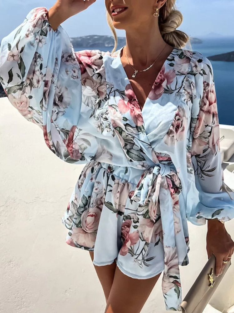 Merryn - Top élégant imprimé à manches longues et ensemble short d’été