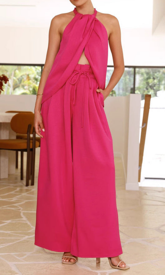 Rose - Ensemble élégant avec top col halter et pantalon large taille haute