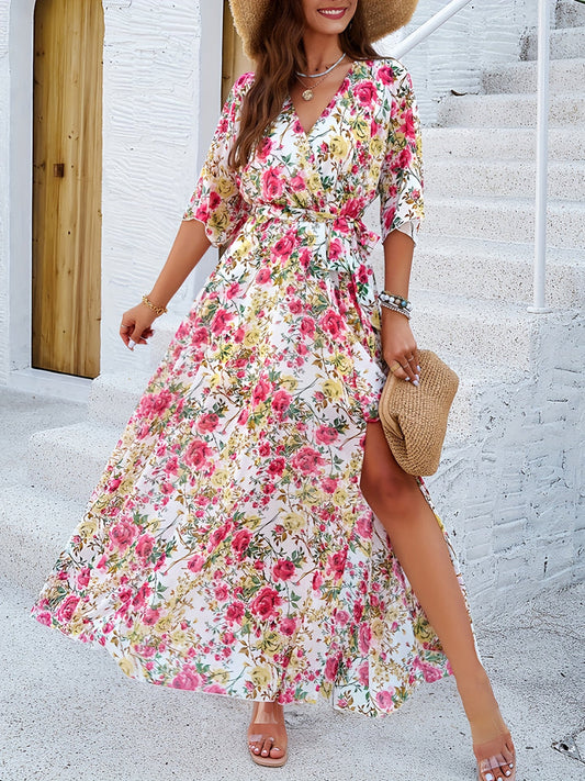 Sabine - Robe maxi florale élégante à manches mi-longues