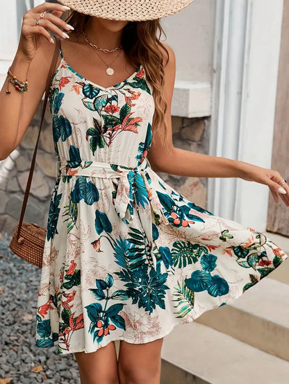 Alva - Robe à bretelles spaghetti et col en V à imprimé floral pour femme