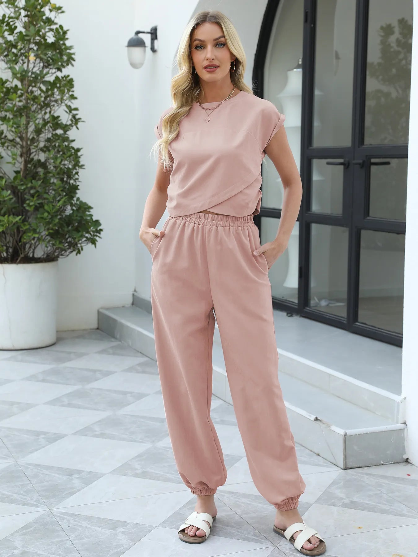 Serenella - Ensemble casual top à col rond manches courtes et pantalon ample