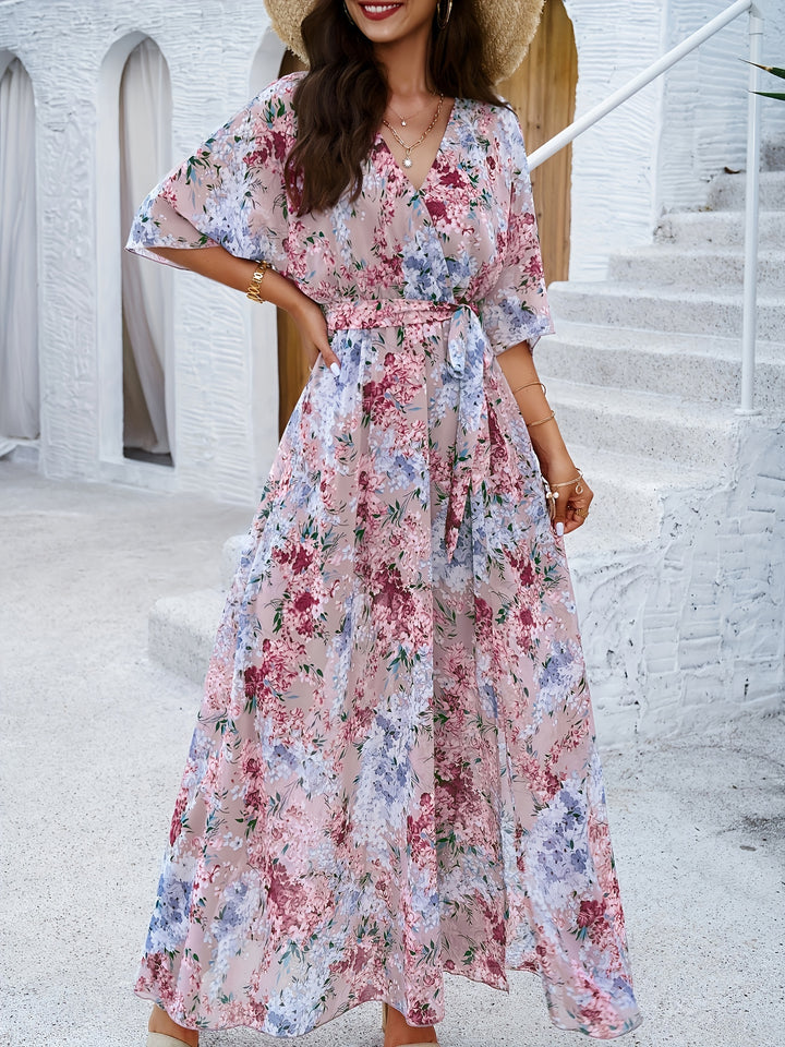 Sabine - Robe maxi florale élégante à manches mi-longues