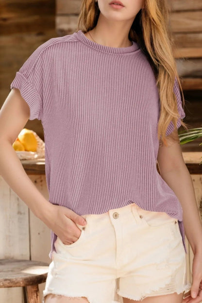 Pearl - T-shirt chic casual à manches courtes en maille côtelée et col rond
