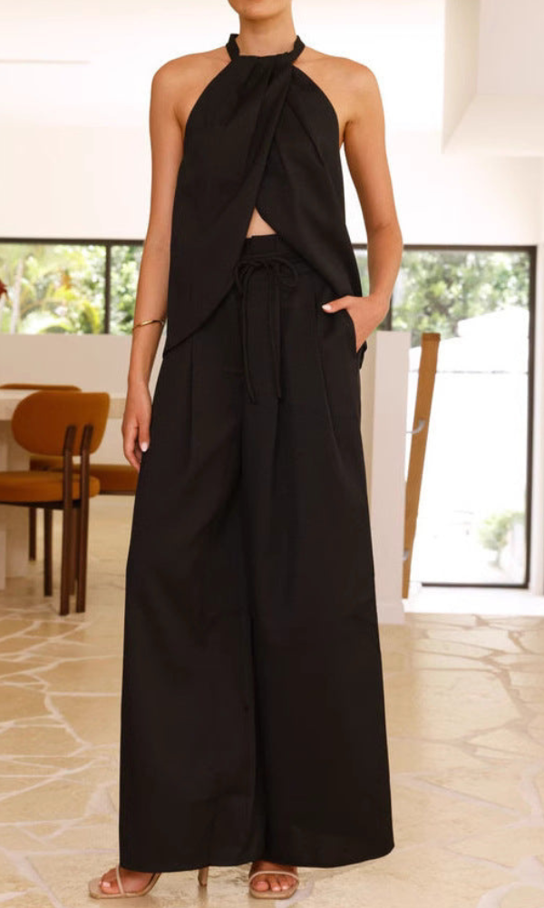 Rose - Ensemble élégant avec top col halter et pantalon large taille haute