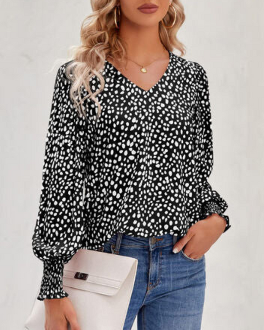 Maureen - Blouse élégante imprimée avec col en V et manches bouffantes