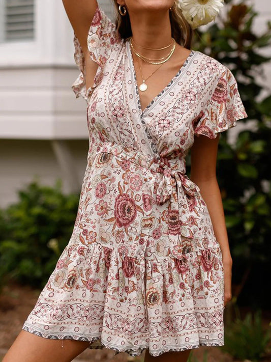 Heidilyn - Robe courte décontractée à manches évasées et imprimé floral