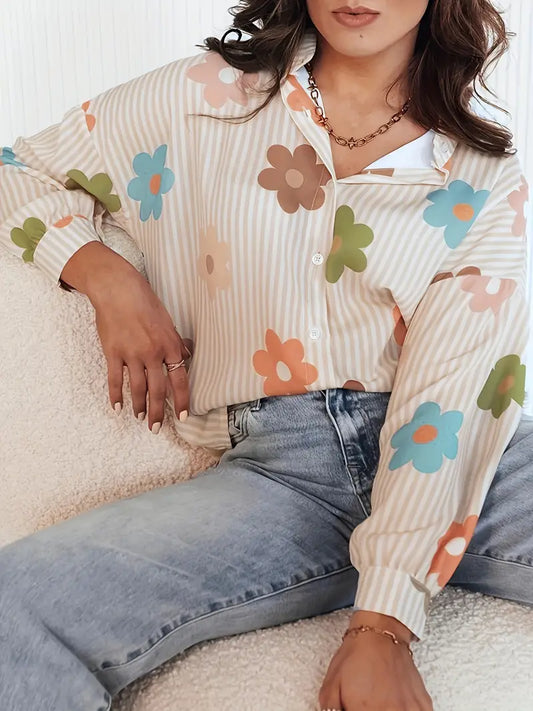 Malvina - Chemise boutonnée élégante à motif floral et rayé
