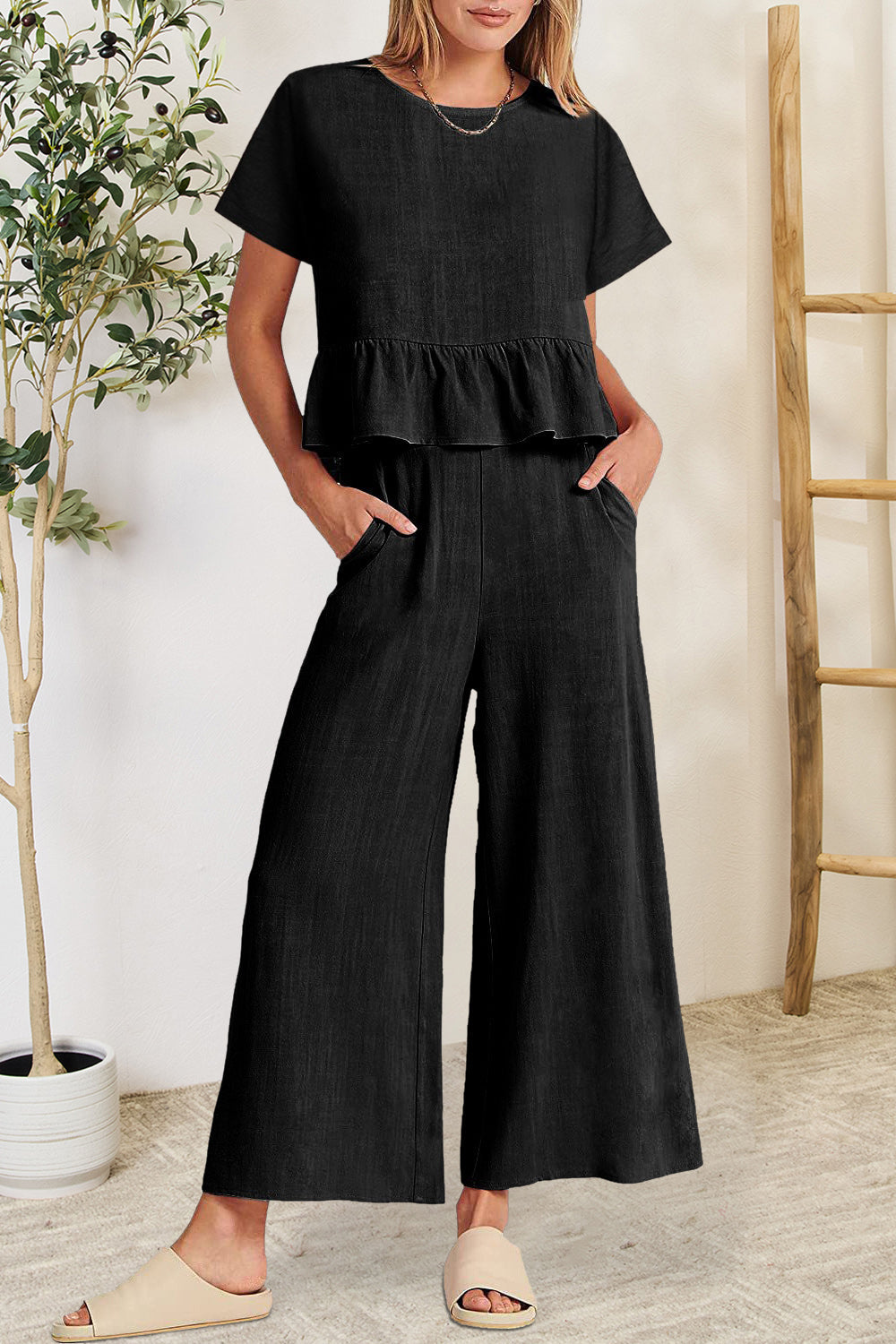 Berenice - Ensemble stylé top à volants et pantalon