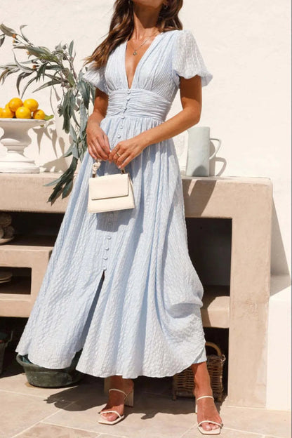 Clarissa - Robe élégante à manches courtes bouffantes et profond décolleté en V