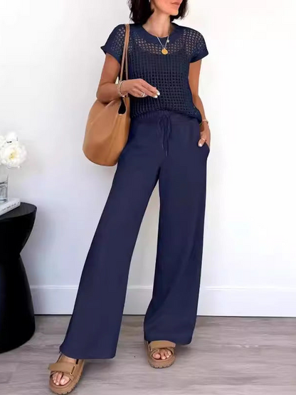 Delphine - Haut en maille ajourée et pantalon à jambe large