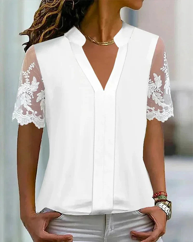 Top en dentelle patchwork simple et uni à manches courtes