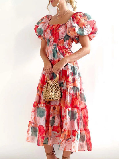 Evienne - Élégante robe à manches bouffantes et imprimé floral