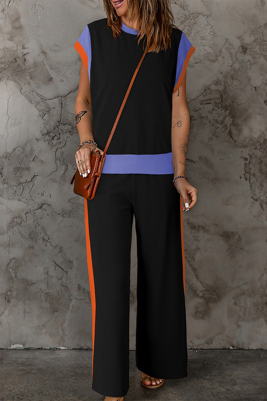Krissy - Ensemble élégant top et pantalon ample avec col rond contrasté
